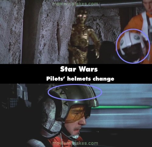 Phim Star Wars (Cuộc chiến giữa các vì sao), khi mọi người lên máy bay, chuẩn bị cho trận chiến cuối cùng, tất cả đều mang mũ bảo hiểm màu trắng, bên trên có in biểu tượng màu xanh. Tuy nhiên, khi máy bay cất cánh, họ lại đội một loại mũ khác